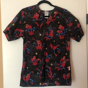 Marvel Comics The Amazing Spiderman Women's Scrub Top Red Blue Black Grey Sz XS